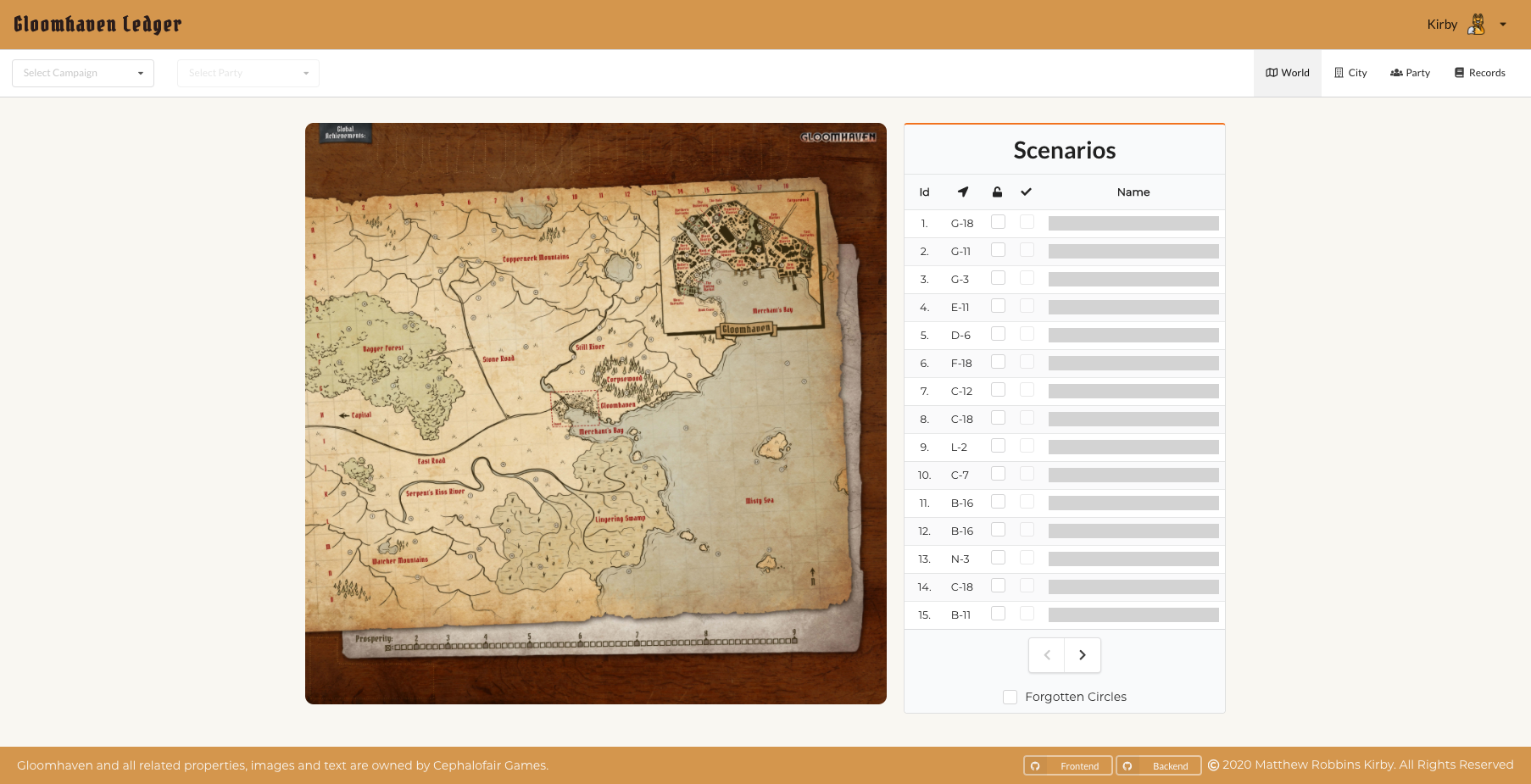 Gloomhaven Ledger Home Page Screenshot